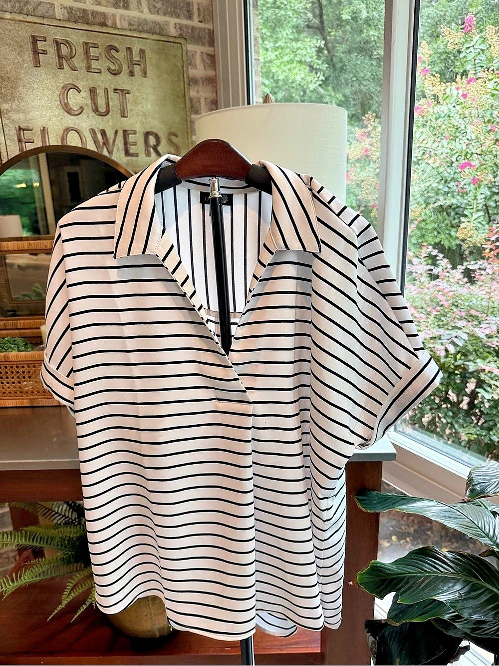 NWT J.Jill Wearever Striped Button-Back Top White & Black Medium